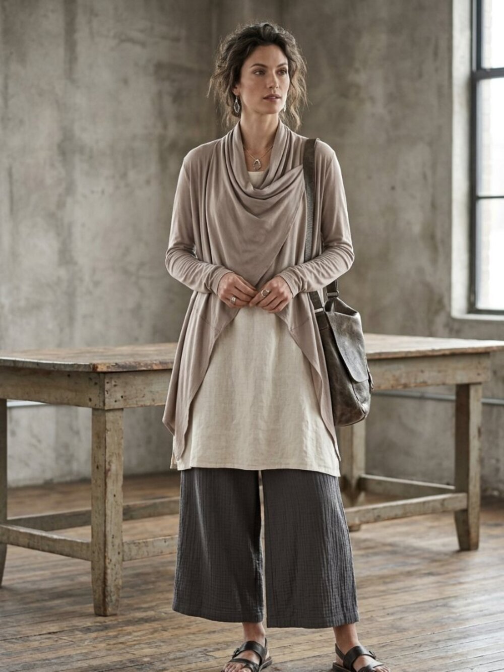 NWT European Culture Italy Taupe Draped Open Front Cardigan Lightweight Cotton M